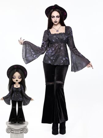 Goth Top de mujer con estampado gótico del zodiaco, mangas de murciélago fruncidas y cuello cuadrado