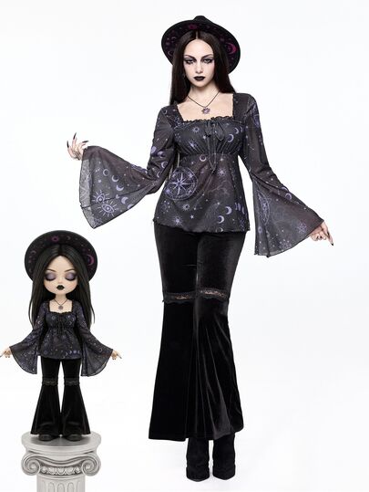 ROMWE Women's Gothic Zodiac Print Ruched Batwing Sleeve Square Neck Top