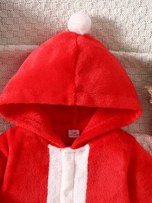 SHEIN 新生兒女嬰男嬰中性連身褲連腳褲 可愛紅白色聖誕腰帶毛球長袖連帽加厚聖誕節假期冬秋毛衣 - 紅色 - 查看 5