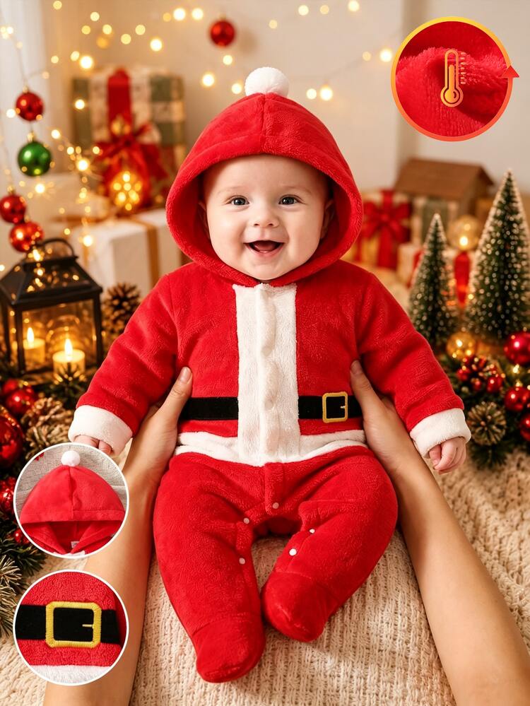 SHEIN Newborn Baby Girls Boy Unisex Footed Romper Jumpsuit Cute Red White Santa Belt Pom Pom Long Sleeve Hooded Thick Christmas Holiday Winter Fall Sweaters - Red - View 3