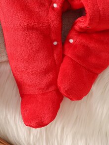 SHEIN 新生兒女嬰男嬰中性連身褲連腳褲 可愛紅白色聖誕腰帶毛球長袖連帽加厚聖誕節假期冬秋毛衣 - 紅色 - 查看 9