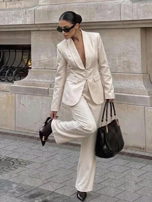 Aloruh Women's Autumn/Winter Minimalist Lapel Light Business Suit Set, New Chinese Style Frog Button Napoleon Double-Breasted Elegant Daily Commute 2 Pieces Set, Young Street Style Suit Set, Oatmeal/Linen Color Versatile Autumn/Winter Suit - Apricot - View 2