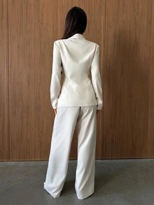 Aloruh Women's Autumn/Winter Minimalist Lapel Light Business Suit Set, New Chinese Style Frog Button Napoleon Double-Breasted Elegant Daily Commute 2 Pieces Set, Young Street Style Suit Set, Oatmeal/Linen Color Versatile Autumn/Winter Suit - Apricot - View 3