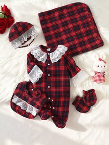 SHEIN 5 Pack Newborn Baby Girl Romper Bib Set Sweet Red Black Plaid Lace Ruffle Long Sleeve Round Neck Fall Winter Holiday Katseye Capybara Footed - Red - View 5