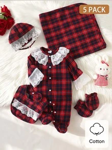 SHEIN 5 Pack Newborn Baby Girl Romper Bib Set Sweet Red Black Plaid Lace Ruffle Long Sleeve Round Neck Fall Winter Holiday Katseye Capybara Footed - Red - View 3