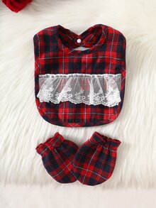 SHEIN 5 Pack Newborn Baby Girl Romper Bib Set Sweet Red Black Plaid Lace Ruffle Long Sleeve Round Neck Fall Winter Holiday Katseye Capybara Footed - Red - View 6
