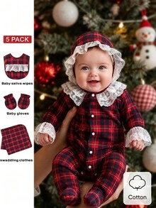 SHEIN 5 Pack Newborn Baby Girl Romper Bib Set Sweet Red Black Plaid Lace Ruffle Long Sleeve Round Neck Fall Winter Holiday Katseye Capybara Footed - Red - View 1