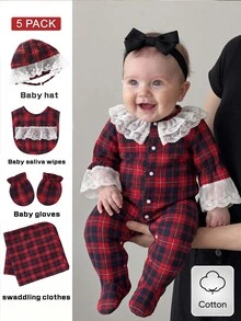 SHEIN 5 Pack Newborn Baby Girl Romper Bib Set Sweet Red Black Plaid Lace Ruffle Long Sleeve Round Neck Fall Winter Holiday Katseye Capybara Footed - Red - View 4