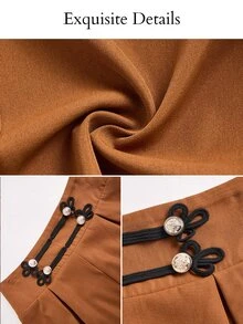 SOLERSUN Women's Vintage High Rise Pleated Shorts, Chic A-Line Wide Leg Mini With Decorative Buttons, Elegant Office Brunch Going Out Casual Wear Black Summer - Brown - View 9