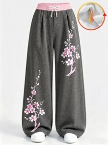 青少年女孩深灰色梅花圖案寬腿褲，花卉印花抽繩運動褲，冬季保暖休閒款 - 淺灰色 - 查看 3