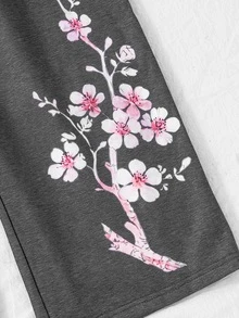 青少年女孩深灰色梅花圖案寬腿褲，花卉印花抽繩運動褲，冬季保暖休閒款 - 淺灰色 - 查看 6