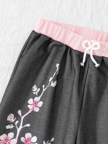青少年女孩深灰色梅花圖案寬腿褲，花卉印花抽繩運動褲，冬季保暖休閒款 - 淺灰色 - 查看 4