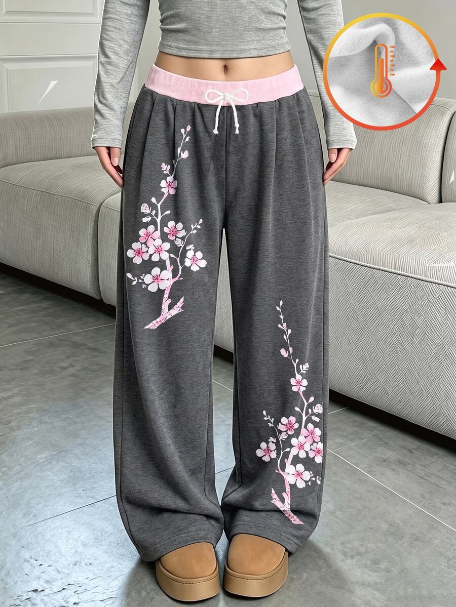 青少年女孩深灰色梅花圖案寬腿褲,花卉印花抽繩運動褲,冬季保暖休閒款 - 淺灰色 - 查看 1