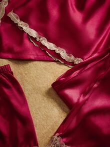 PinupPomp Set 5 pcs dengan Dekorasi Trim Warna Kontras, Atasan Camisole Sutra Imitasi & Celana Pendek & Celana Panjang & Jubah Berikat & Gaun Tidur, Pakaian Musim Gugur dan Musim Dingin - Merah - View 3