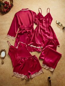 PinupPomp Set 5 pcs dengan Dekorasi Trim Warna Kontras, Atasan Camisole Sutra Imitasi & Celana Pendek & Celana Panjang & Jubah Berikat & Gaun Tidur, Pakaian Musim Gugur dan Musim Dingin - Merah - View 2