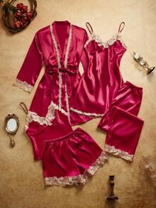 PinupPomp Set 5 pcs dengan Dekorasi Trim Warna Kontras, Atasan Camisole Sutra Imitasi & Celana Pendek & Celana Panjang & Jubah Berikat & Gaun Tidur, Pakaian Musim Gugur dan Musim Dingin - Merah - View 1