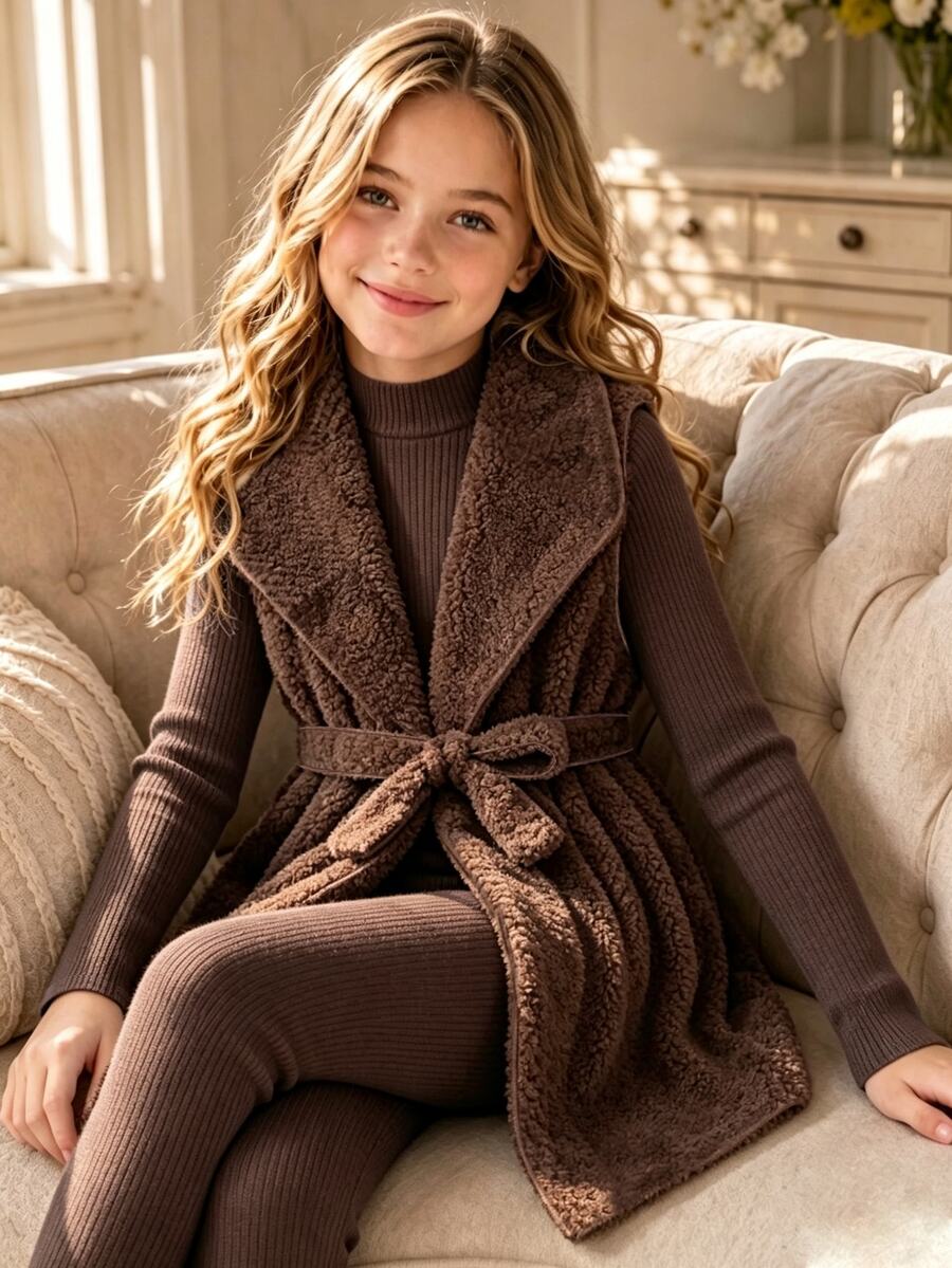 SHEIN Elladie kids 女童粉色3件套,內層同色磨毛加厚羅紋長袖T恤與長褲,外層無領長款厚抓絨背心,背心滿版粉色與白色格紋愛心圖案,附配套布料繫帶,大翻領設計,柔軟甜美粉色系,適合冬季穿著,保暖舒適 - 咖啡棕 - 查看 1