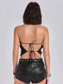 ROMWE Women's All-Season Casual Streetwear Retro Y2K Millennium Style Rock Perforated Lace-Up Halter Top - Black - View 6