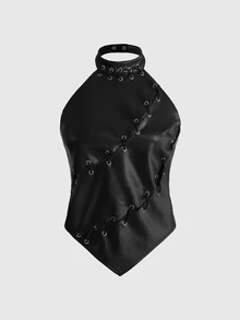 ROMWE Women's All-Season Casual Streetwear Retro Y2K Millennium Style Rock Perforated Lace-Up Halter Top - Black - View 7