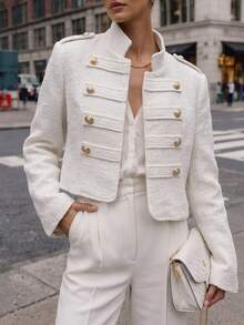 SHEIN PariChic French Vintage Tweed Shoulder Patch Double-Breasted Gold Button Elegant Blazer - White - View 3
