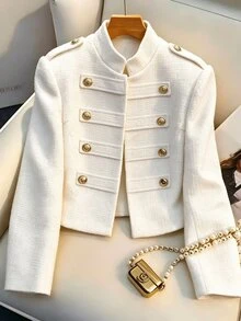 SHEIN PariChic French Vintage Tweed Shoulder Patch Double-Breasted Gold Button Elegant Blazer - White - View 1