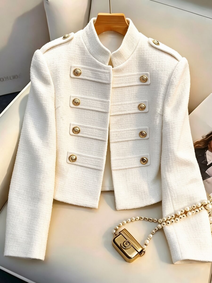 SHEIN PariChic French Vintage Tweed Shoulder Patch Double-Breasted Gold Button Elegant Blazer - White - View 1