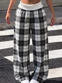 SHEIN Kids Tween Girl Tween Girl Tween Girl Colorblock Pleated Casual Versatile Daily Wear Wide Leg Sweatpants - Black - View 4