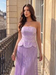 Poshira High-End Evening Gown With Premium Elegant, Light Luxury Rhinestone Decor And Tassel Hem, Strapless Dress - Purple - View 4