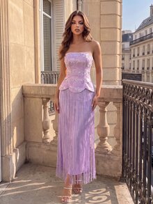 Poshira High-End Evening Gown With Premium Elegant, Light Luxury Rhinestone Decor And Tassel Hem, Strapless Dress - Purple - View 1