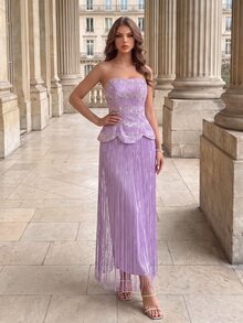 Poshira High-End Evening Gown With Premium Elegant, Light Luxury Rhinestone Decor And Tassel Hem, Strapless Dress - Purple - View 5