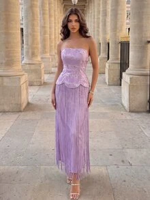 Poshira High-End Evening Gown With Premium Elegant, Light Luxury Rhinestone Decor And Tassel Hem, Strapless Dress - Purple - View 6