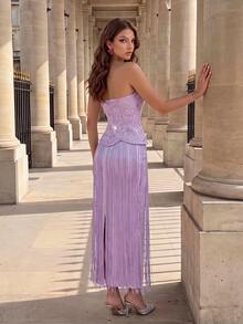 Poshira High-End Evening Gown With Premium Elegant, Light Luxury Rhinestone Decor And Tassel Hem, Strapless Dress - Purple - View 2