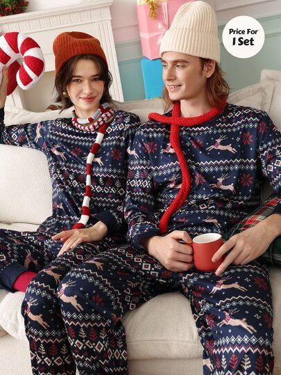 Chillnights Conjunto de Pijama de Natal Casual e Confortável com Elementos de Natal, Estampa Listrada Fair Isle e Gola Redonda para Homens