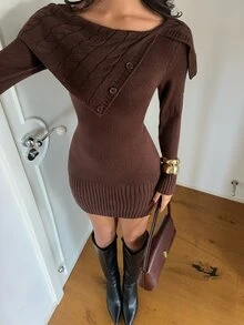 Aloruh Gaun Rajut Wanita Lengan Panjang Warna Polos dengan Kancing dan Potongan Pas Badan - Coklat - View 4