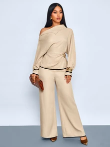 SOLERSUN Elegant Women's Asymmetric Collar Top And Wide Leg Pants Two Pieces Outfit Set In Beige, Metal Decor, Fall Long-Sleeved For Dinner Brunch - Khaki - View 5