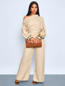 SOLERSUN Elegant Women's Asymmetric Collar Top And Wide Leg Pants Two Pieces Outfit Set In Beige, Metal Decor, Fall Long-Sleeved For Dinner Brunch - Khaki - View 7