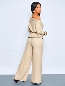SOLERSUN Elegant Women's Asymmetric Collar Top And Wide Leg Pants Two Pieces Outfit Set In Beige, Metal Decor, Fall Long-Sleeved For Dinner Brunch - Khaki - View 3