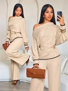 SOLERSUN Elegant Women's Asymmetric Collar Top And Wide Leg Pants Two Pieces Outfit Set In Beige, Metal Decor, Fall Long-Sleeved For Dinner Brunch - Khaki - View 2