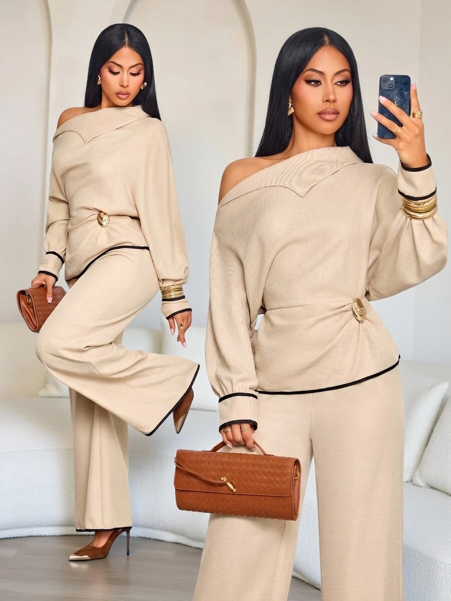 SOLERSUN Elegant Women's Asymmetric Collar Top And Wide Leg Pants Two Pieces Outfit Set In Beige, Metal Decor, Fall Long-Sleeved For Dinner Brunch