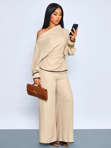 SOLERSUN Elegant Women's Asymmetric Collar Top And Wide Leg Pants Two Pieces Outfit Set In Beige, Metal Decor, Fall Long-Sleeved For Dinner Brunch - Khaki - View 8