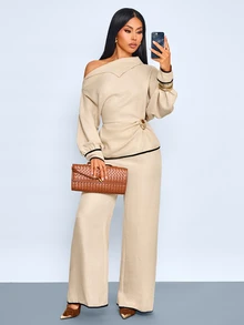 SOLERSUN Elegant Women's Asymmetric Collar Top And Wide Leg Pants Two Pieces Outfit Set In Beige, Metal Decor, Fall Long-Sleeved For Dinner Brunch - Khaki - View 10