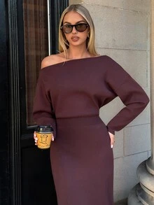 Aloruh Women's Elegant Fitted Asymmetric Shoulder Sweater Dress For Commute - Brown - View 1