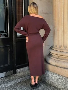 Aloruh Women's Elegant Fitted Asymmetric Shoulder Sweater Dress For Commute - Brown - View 2
