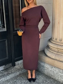 Aloruh Women's Elegant Fitted Asymmetric Shoulder Sweater Dress For Commute - Brown - View 4