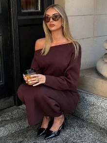 Aloruh Women's Elegant Fitted Asymmetric Shoulder Sweater Dress For Commute - Brown - View 6