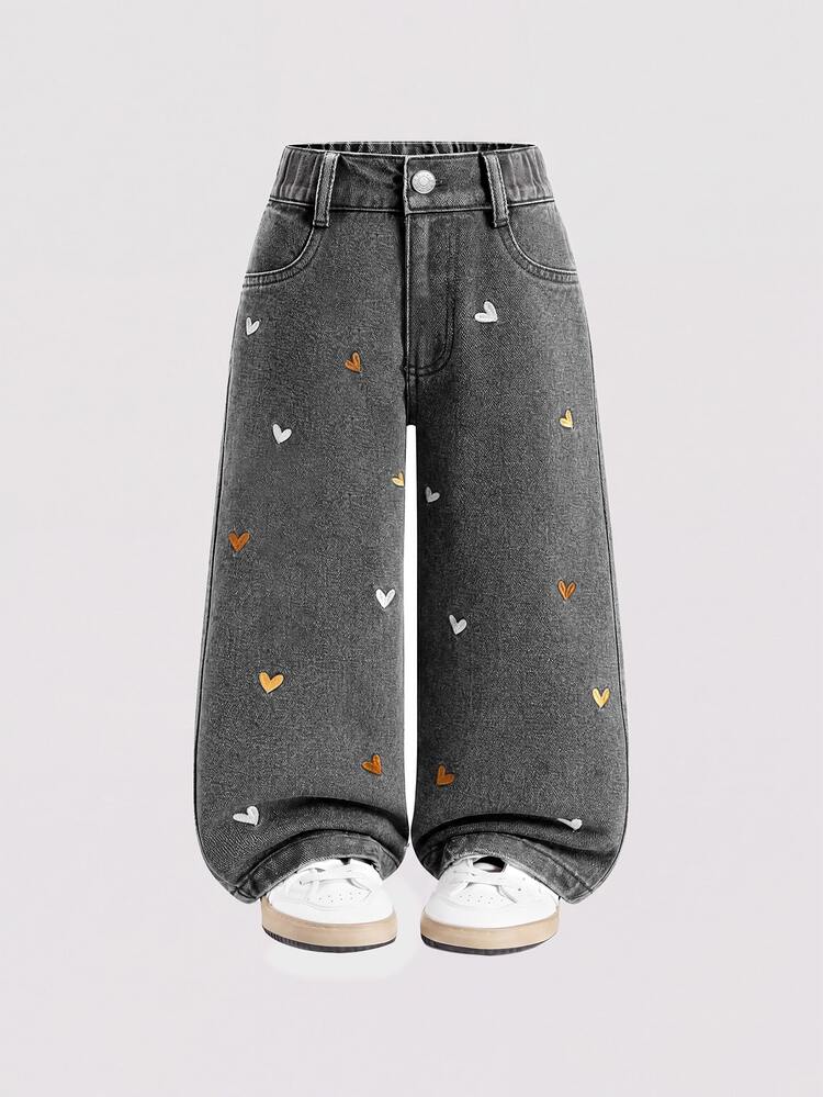 SHEIN Girls' Fashionable Cute Street Style Heart Embroidered Loose Straight Leg Denim Jeans - Grey - View 3