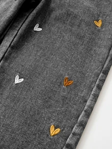 SHEIN 女童時尚可愛街頭風愛心刺繡寬鬆直筒牛仔長褲 - 灰色 - 查看 4