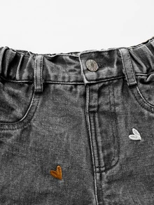 SHEIN 女童時尚可愛街頭風愛心刺繡寬鬆直筒牛仔長褲 - 灰色 - 查看 6
