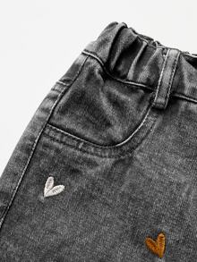 SHEIN 女童時尚可愛街頭風愛心刺繡寬鬆直筒牛仔長褲 - 灰色 - 查看 5