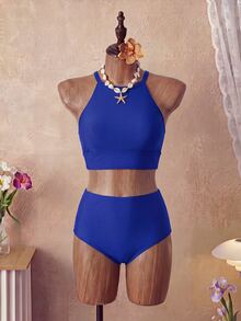 Swim Basics 女士黑色高腰休闲比基尼两件套套装 - 藍色 - 查看 3